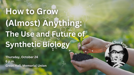 Hand holding dirt and small plant with information about lecture on October 24