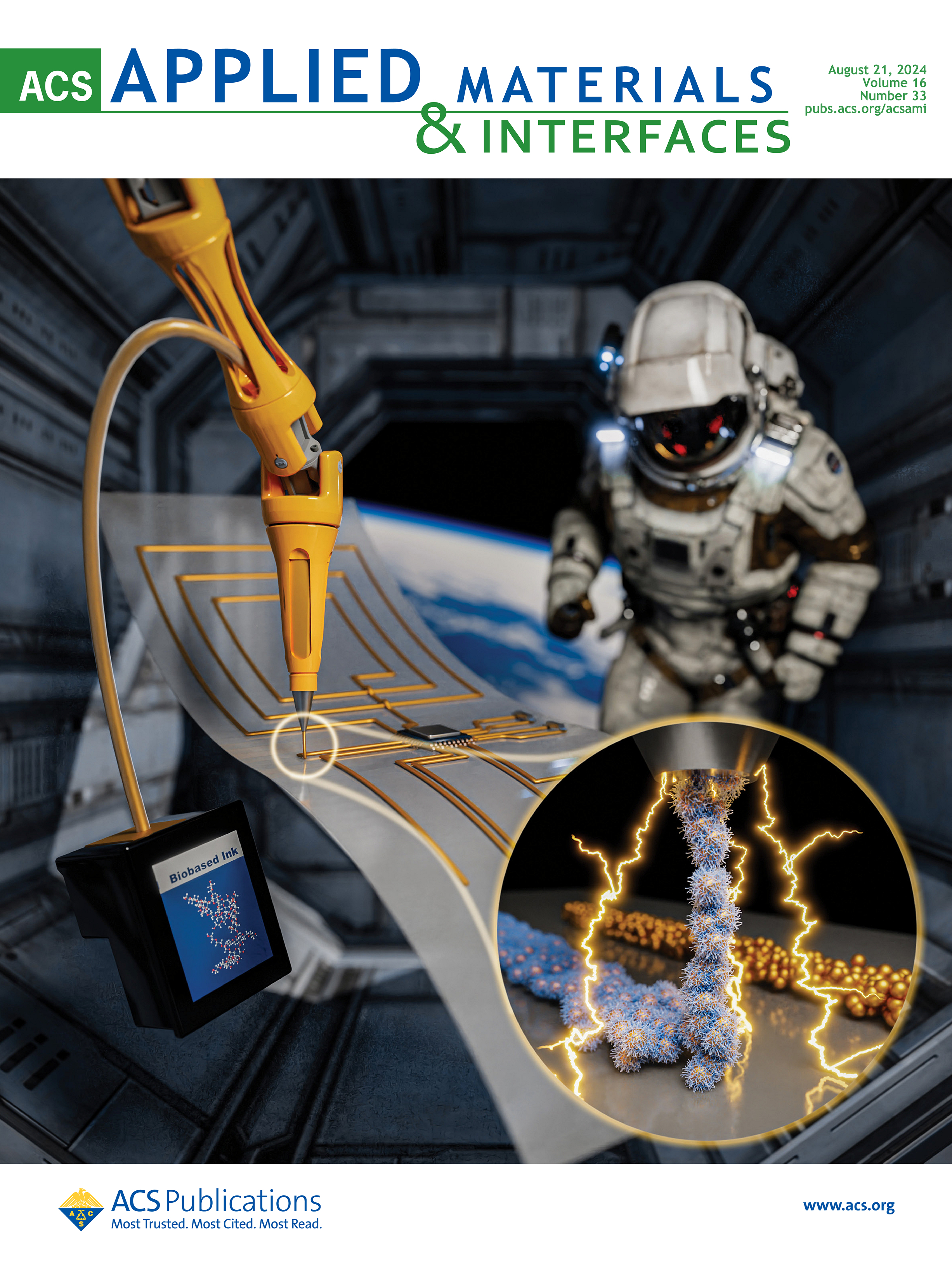 Cover of the journal, American Chemical Society Applied Materials & Interfaces, showing an astronaut printing electronics in space.