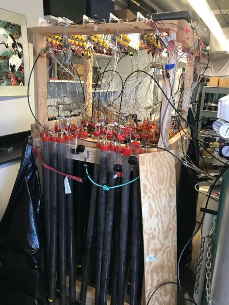 Soil core incubating in lab with wires attached